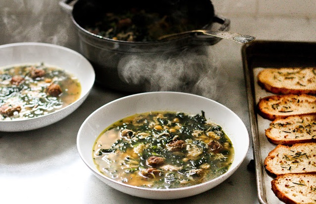 Kale, Chickpea and Chicken Soup with Rosemary Croutons