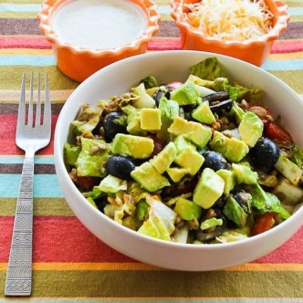 Vegetarian Lentil Taco Salad with Tomatoes, Olive, and Avocado