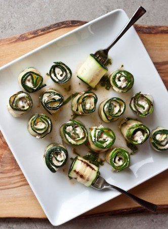 Zucchini Bites with Harissa, Goat Cheese, Lime & Mint